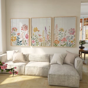 Set of 3 wildflower art prints, framed pastel watercolor flowers on light backgrounds