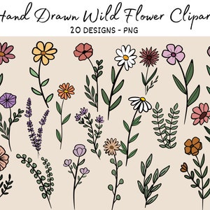 Wildflower clipart bundle of multicolored hand-drawn flowers with stems and leaves