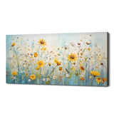Watercolor wildflower canvas wall art with yellow daisies and soft white blooms on blue