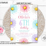 Daisy Birthday Invitation Girl, Editable Colorful Daisies Birthday Invite, Wild Floral Any Age Birthday Girl Invitation,  PM040