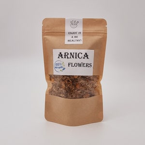 Dried arnica flowers in kraft stand-up pouch