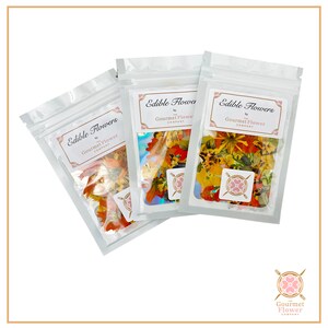 Mixed edible flower assortment in sealed clear pouches, for cocktails and cake decorating
