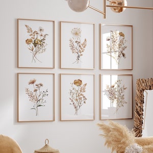 Set of 6 framed watercolor wildflower prints, neutral botanical florals, gallery wall art