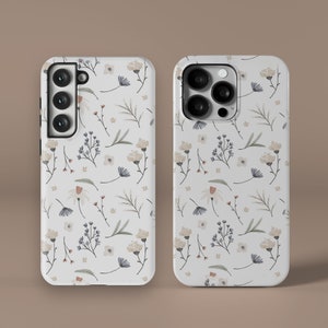 Wildflower floral phone case with light background, delicate stems and flowers, camera cutouts