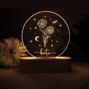 Personalized LED night lamp, circular birth-flower design with warm glow and name heata