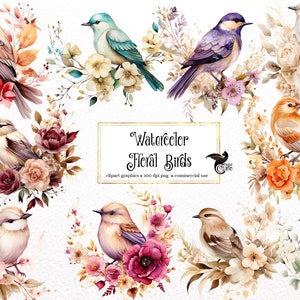 Watercolor floral birds clipart sheet with small birds, flowers, and leaves border