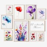50 aquarelles de fleurs, aquarelles de fleurs, impressions florales lumineuses, tŽlŽchargement numŽrique, aquarelles de fleurs imprimables