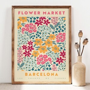 Framed floral poster with multicolor flowers and 'FLOWER MARKET'/'BARCELONA' text