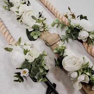 White and green floral dog collar with gold buckle and braided rope strap