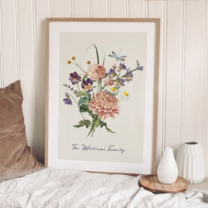 Framed watercolor birth flower print with floral bouquet and cursive name text