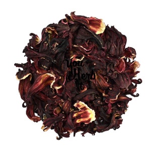 Loose dried hibiscus flowers, dark red burgundy petals