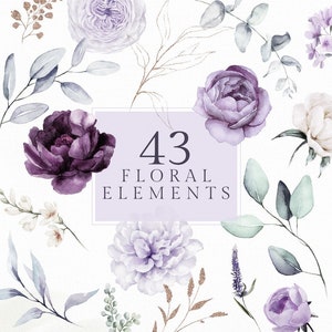 Watercolor floral elements set with purple roses, lavender blooms, and eucalyptus leaves