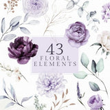Watercolor Violet Purple Green floral set elements bouquet border Wedding invitation flowers leaves clipart PNG template digital eucalyptus