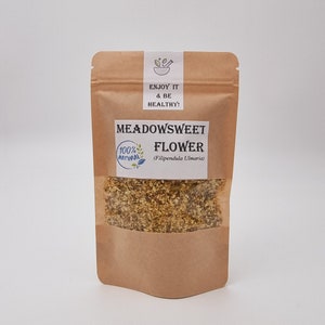 Dried meadowsweet flower pouch with label and loose herb contents