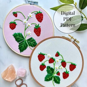 Strawberry hand embroidery pattern with hoop designs, berries, and green leaves