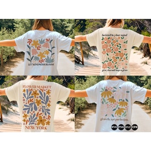 White t-shirt with colorful boho flower print and 'Kindness' message on back