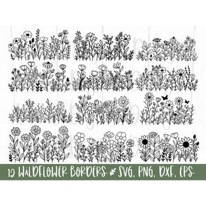 Wildflower border SVG set with sketch-style flowers and meadow outlines