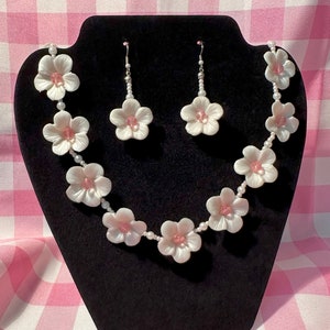 Handmade white and pink flower necklace and dangling earring set, floral clusters