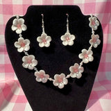Handmade White and Pink Flower Necklace & Earrings Set. Polymer Clay Floral Necklace for Movie Costume or Cosplay.