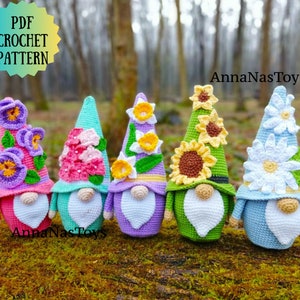 Crochet flower gnomes pattern PDF featuring colorful potted gnome figures with blooms