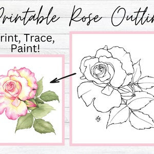 Printable rose flower outline coloring page with detailed petals and leaves