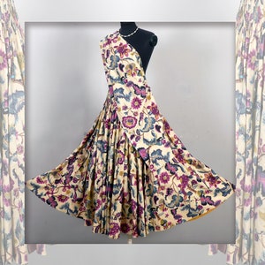 Long boho floral cotton skirt with gathered panels and multicolor large flower print