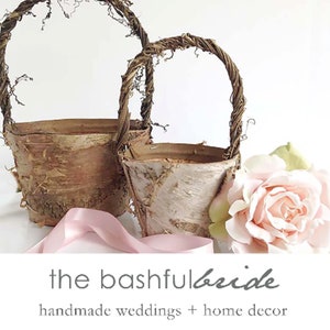 Rustic birch flower girl baskets set, two small woven wood baskets with curved handles