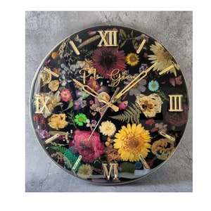 Custom floral resin clock with Roman numerals and gold hands, dark bezel