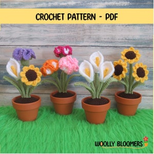 Crochet summer flower bouquet pattern PDF: calla lilies, sunflowers, and carnations in pots