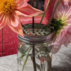Mason jar flower frog holder with patterned top and two green stems in glass jar