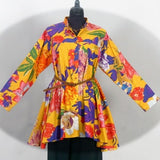 TUNIC SHIRT women's mid-length, large width at the bottom in light yellow cotton printed with large multi-colored flowers, long sleeves