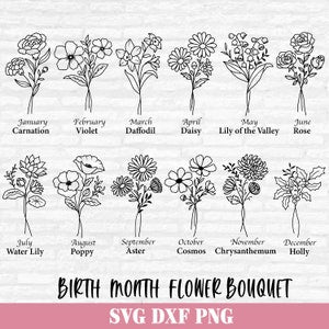 Birth month flower bouquet SVG with line-art flowers and month labels Jan–Dec, plus SVG text