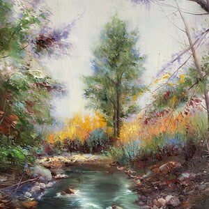 Impressionist oil painting on canvas of a flowing stream through trees and blooms