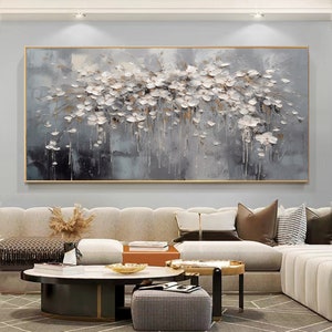 Abstract flower canvas wall art with gray and white blooming strokes, rectangular