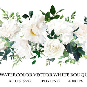 White watercolor vector bouquet with peonies, roses, and green leaves