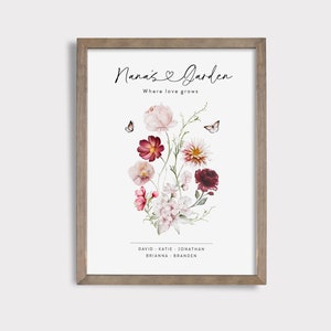 Framed garden sign with watercolor flowers and butterfly, personalized text at top