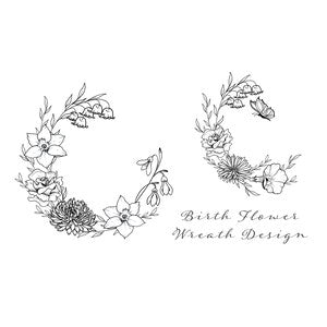 Hand-drawn birth flower wreath tattoo design with small blossoms and leaves, circular layout