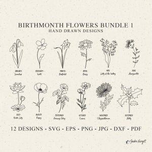 Birth month flower bundle line-art designs with 12 hand-drawn floral plotter files