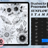 Procreate sunflower stamp brushes set with black-and-white botanical flower line art