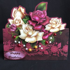 Floral 3D decoupage greeting card with deep burgundy and cream roses, beads, bow