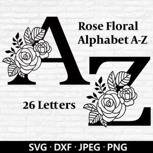 Rose floral alphabet SVG cut file with letter A and Z designs, 26 letters set