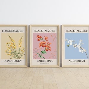 Set of 3 framed flower market prints: Copenhagen, Barcelona, Amsterdam with yellow, coral, blue florals.