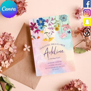 Floral birthday party invitation card with butterfly graphics, name Adeline