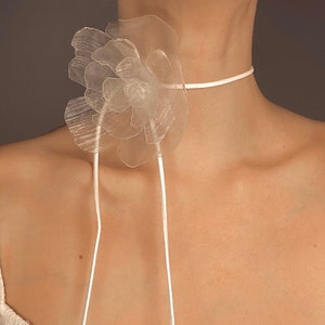 Efflorescence handmade white hibiscus choker with two thin ribbon ties