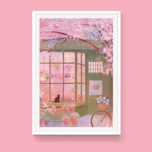 Framed anime cat poster with pastel flowers, books, and a window illustration.