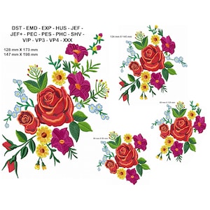 Floral embroidery design set with roses and assorted blooms in red, pink, and yellow