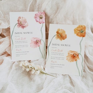 Pastel floral bridal shower invitation cards with pink and peach poppies, minimal layout