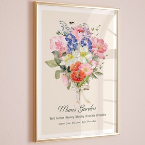 Framed floral wall art print with colorful bouquet in vase and garden text
