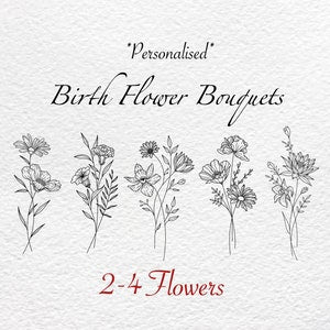 Minimalist birth flower bouquet print with line-art 2-4 flower stems text