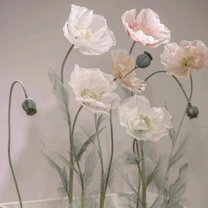 Set of giant organza poppy flowers with layered pale pink blossoms, green stems & buds